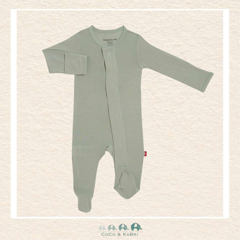 Front view of Magnetic Me seafoam baby footie featuring hidden SewSafe™ magnetic closures for effortless diaper changes | Canada