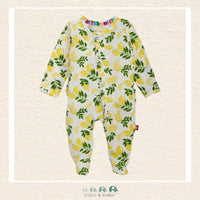 Magnetic Me Simply the Zest baby girl ruffle footie in silky-soft modal fabric featuring hidden magnetic closures and playful lemon boutique print with delicate ruffle accents | Canada