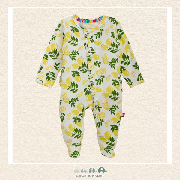 Magnetic Me Simply the Zest baby girl ruffle footie in silky-soft modal fabric featuring hidden magnetic closures and playful lemon boutique print with delicate ruffle accents | Canada