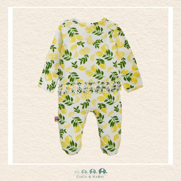 Back view of Magnetic Me Simply the Zest baby footie showing the streamlined boutique fit and the feminine ruffle details on breathable modal material | Canada