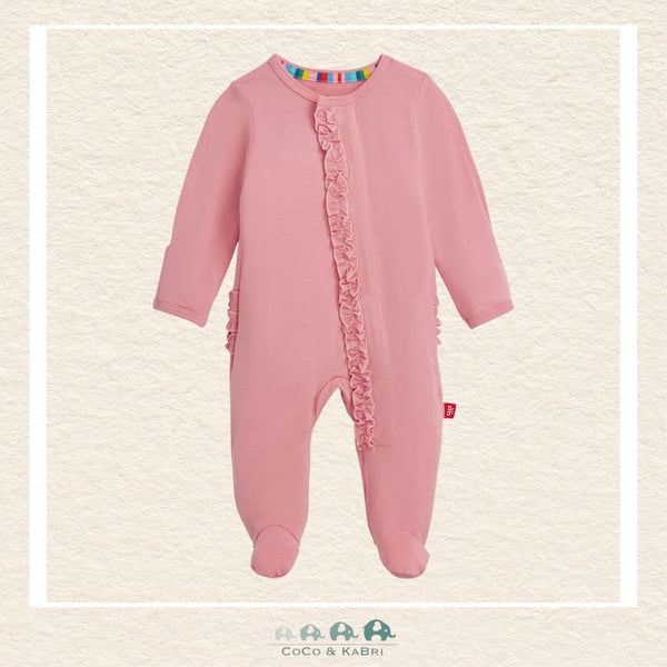 Magnetic Me Tickled Pink baby girl ruffle footie in silky-soft modal fabric featuring hidden magnetic closures and delicate ruffle details in a soft boutique pink | Canada