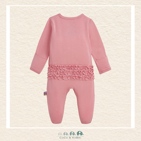 Back view of Magnetic Me Tickled Pink baby footie showing the streamlined boutique fit and the elegant ruffle accents on breathable modal material | Canada