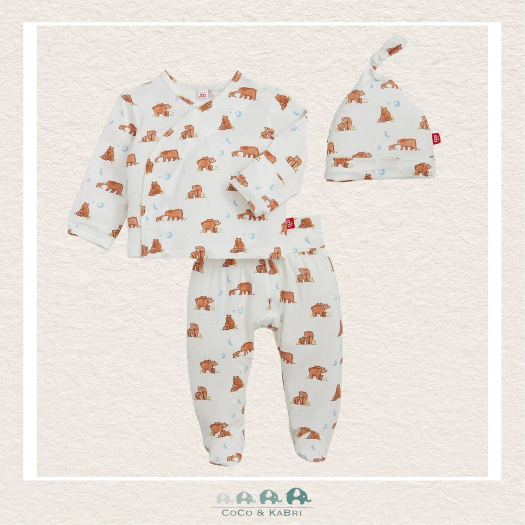 Magnetic Me Wildly Loved 3-piece Take Me Home set featuring a magnetic-closure top, footed pants, and matching hat in ultra-soft modal fabric with a sweet heart print | Canada