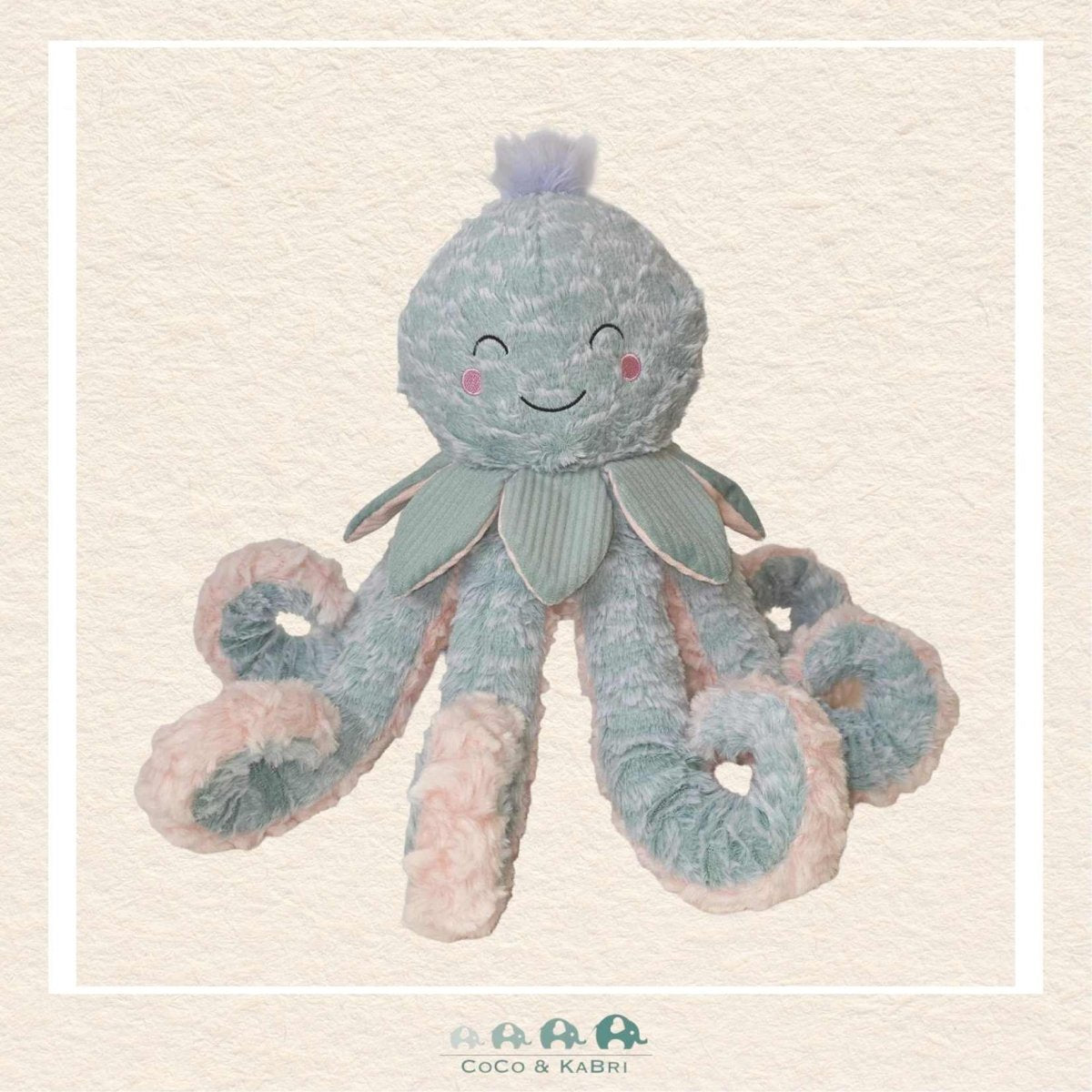Front view of the Mary Meyer Aqua Octopus from the Fab Fuzz collection featuring long, poseable tentacles and a friendly, embroidered face