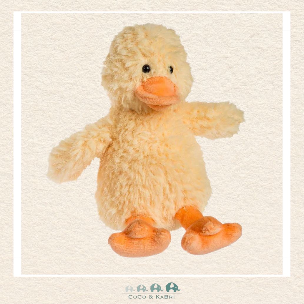 Front view of the Mary Meyer 5-inch Whispers Duck in classic sunny yellow highlighting its petite size and incredibly soft, downy texture