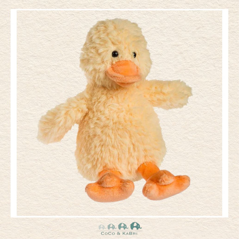Front view of the Mary Meyer 5-inch Whispers Duck in classic sunny yellow highlighting its petite size and incredibly soft, downy texture