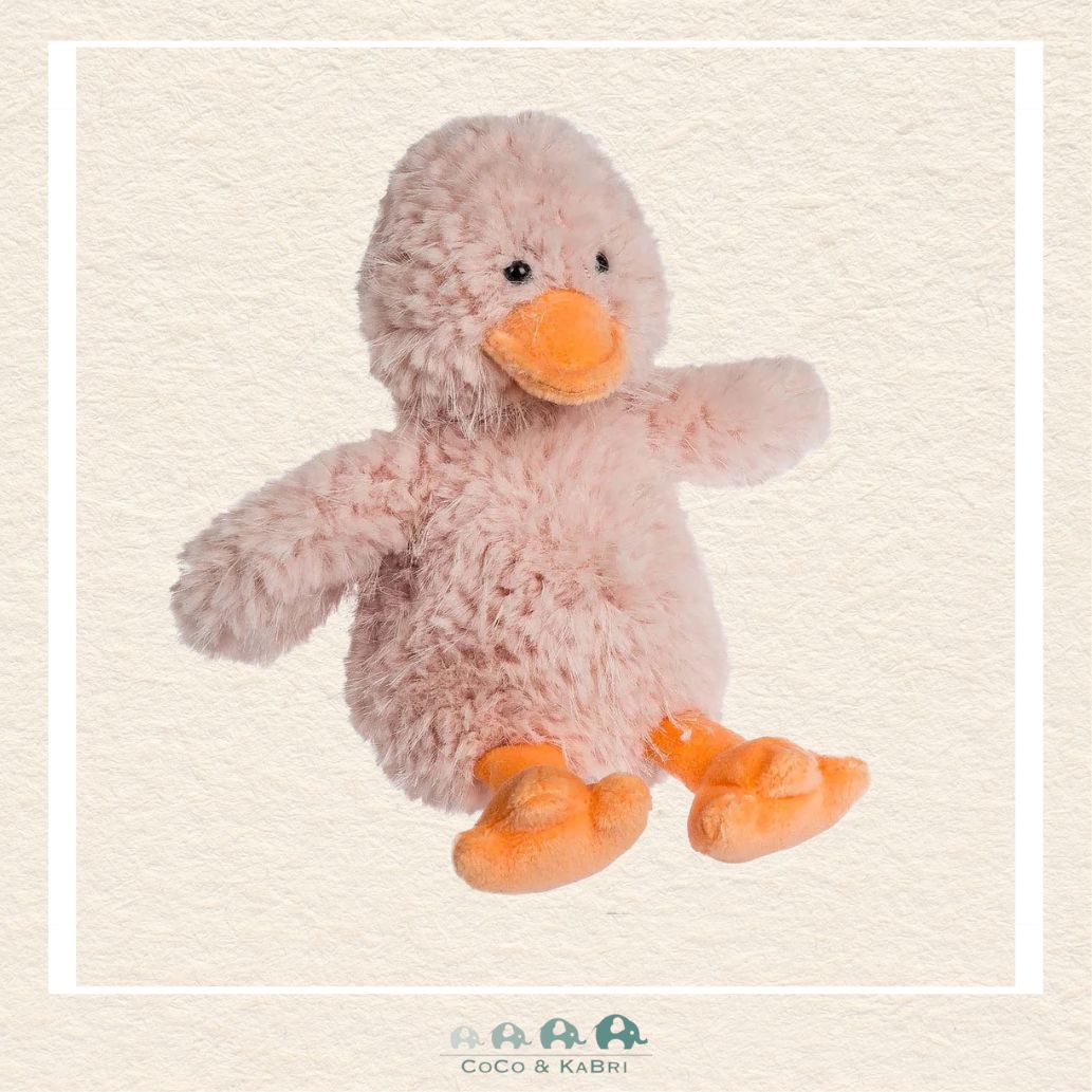 Front view of the Mary Meyer 5-inch Whispers Duck in soft pastel pink featuring a sweet embroidered face and ultra-plush textured fur
