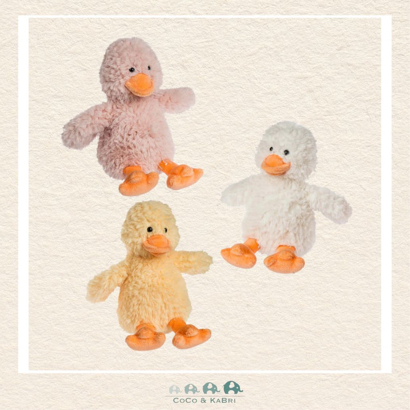 A trio of Mary Meyer Whispers Ducks in pink, yellow, and white showing the variety of gentle pastel colors available in this 5-inch plush collection