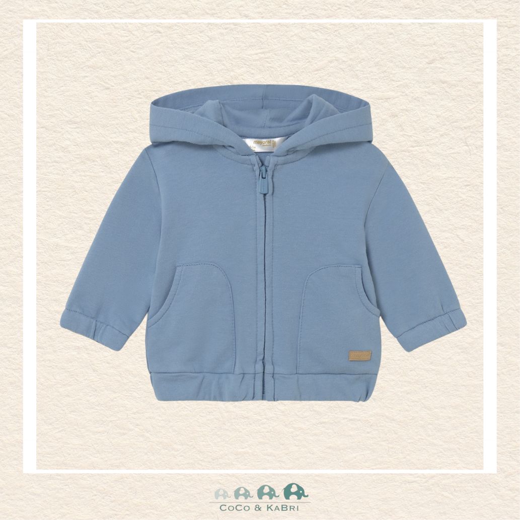 Front view of Mayoral baby blue hoodie featuring a smooth zip-front design for easy changes in sizes 2-18M | Canada