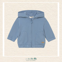 Front view of Mayoral baby blue hoodie featuring a smooth zip-front design for easy changes in sizes 2-18M | Canada