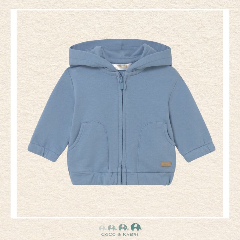 Front view of Mayoral baby blue hoodie featuring a smooth zip-front design for easy changes in sizes 2-18M | Canada