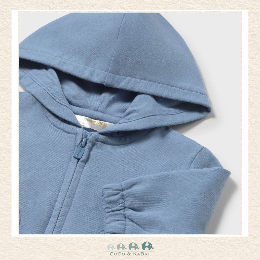 Close-up of Mayoral fabric showing the premium baby blue cotton-rich texture and soft ribbed cuffs | Canada