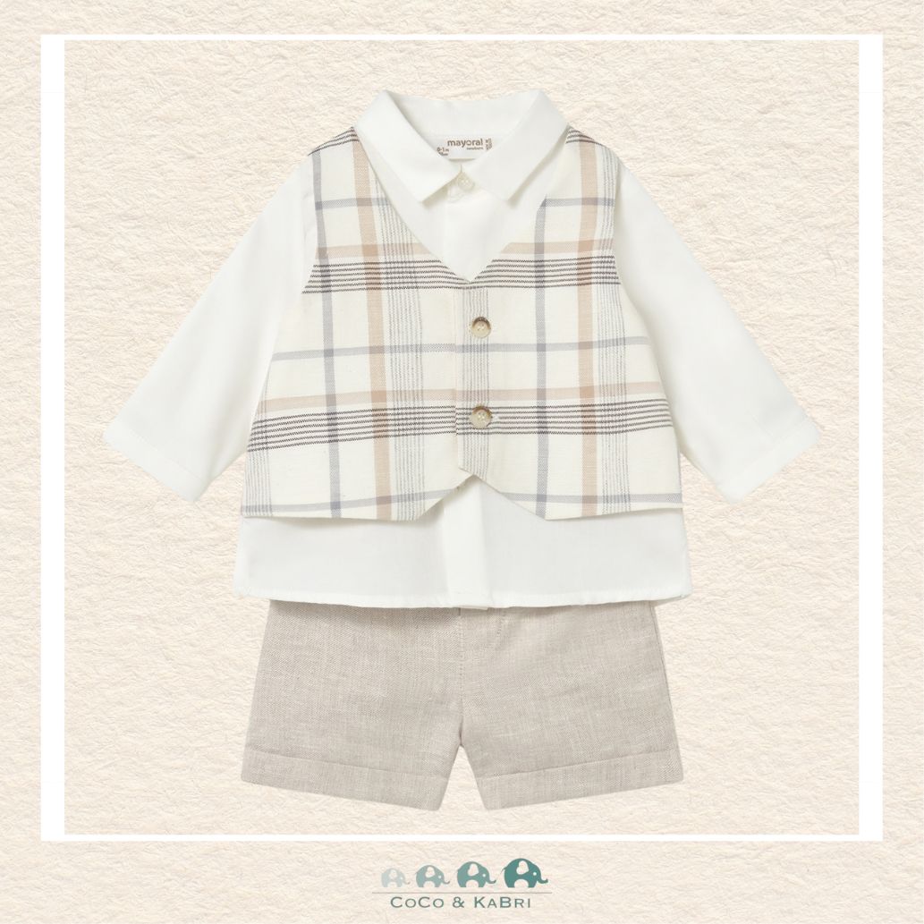 Front view of Mayoral baby boy dress set featuring a cotton-linen vest and matching shorts for sizes 2/4m-18M | Canada