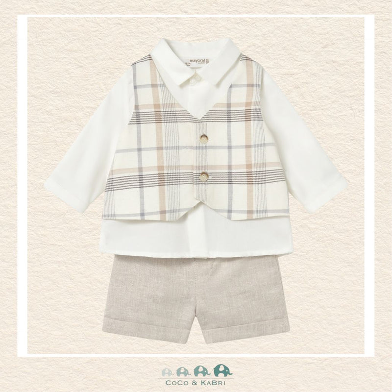 Front view of Mayoral baby boy dress set featuring a cotton-linen vest and matching shorts for sizes 2/4m-18M | Canada