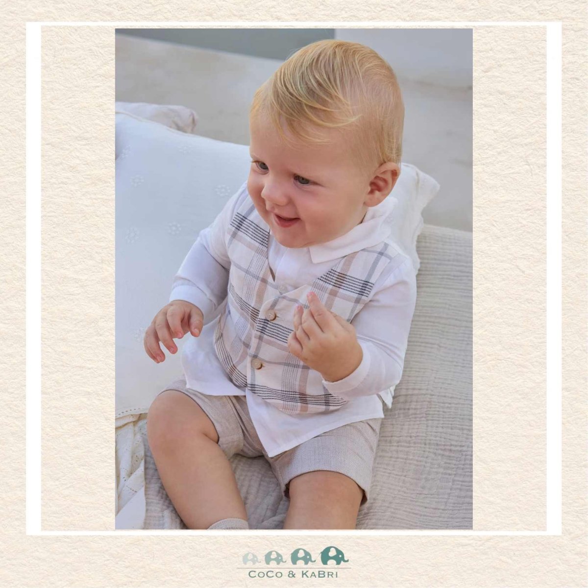 Mayoral Baby Boy 3-Piece Set on infant showing the dapper vest, shirt, and shorts for a coordinated special occasion look | Canada