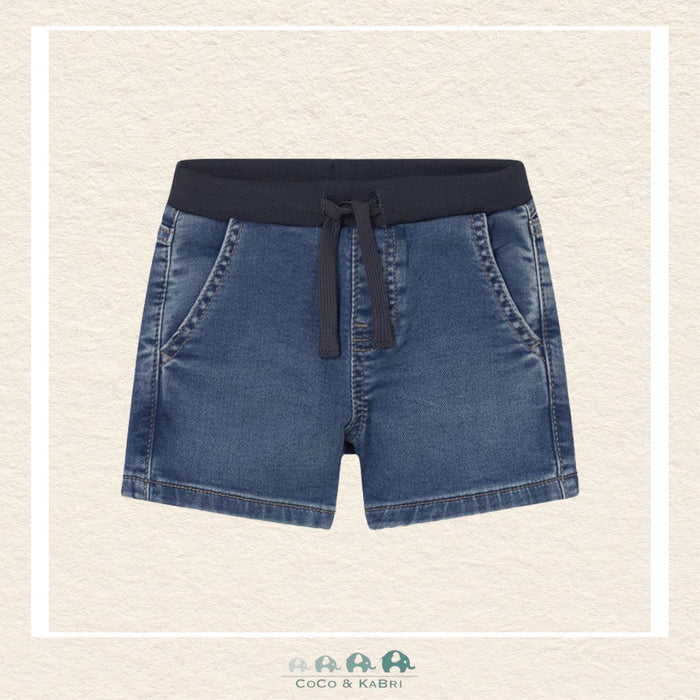 Front view of Mayoral boys denim shorts featuring a durable cotton-stretch blend for sizes 6M-4 | Canada