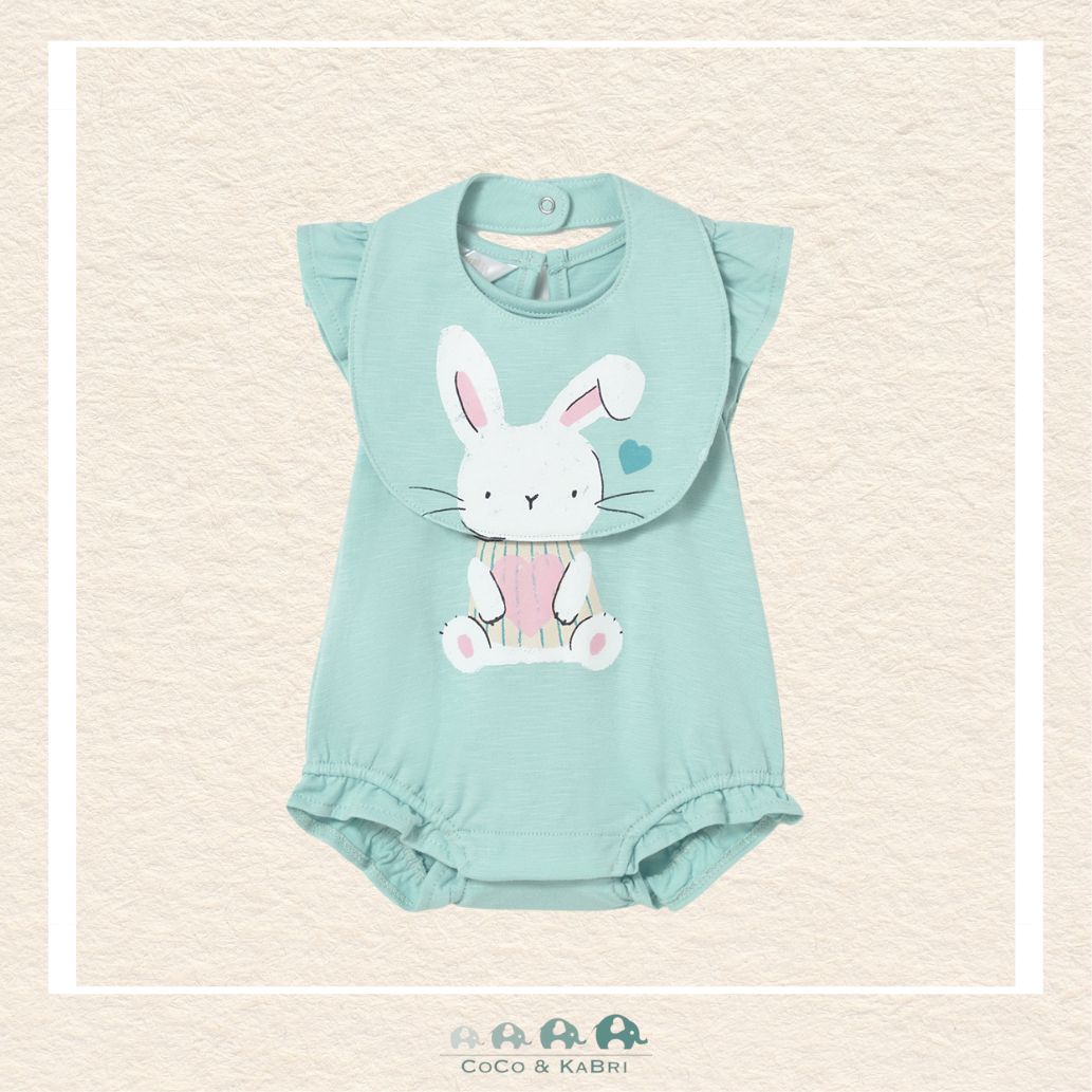 Front view of Mayoral baby girl 100% cotton bunny outfit including a matching practical bib for sizes 0-18M | Canada