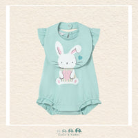Front view of Mayoral baby girl 100% cotton bunny outfit including a matching practical bib for sizes 0-18M | Canada
