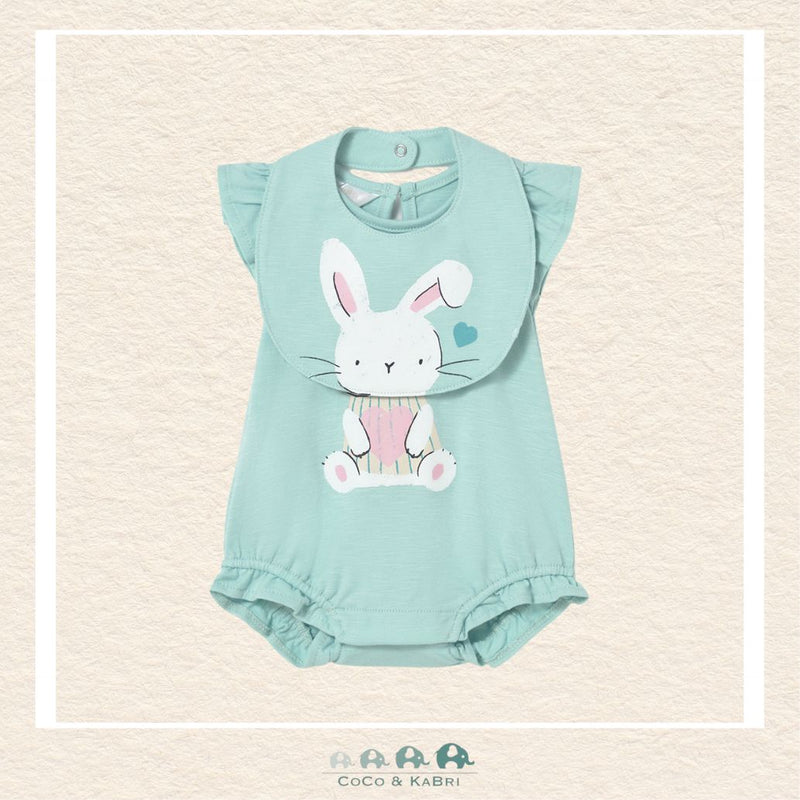 Front view of Mayoral baby girl 100% cotton bunny outfit including a matching practical bib for sizes 0-18M | Canada
