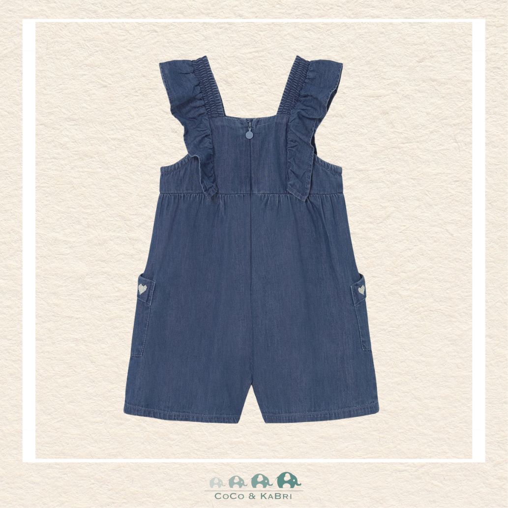 Back view of Mayoral baby denim romper showing the high-quality construction and secure closure for easy dressing | Canada