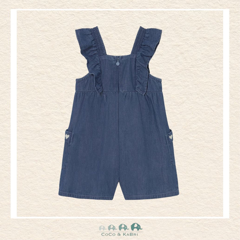 Back view of Mayoral baby denim romper showing the high-quality construction and secure closure for easy dressing | Canada