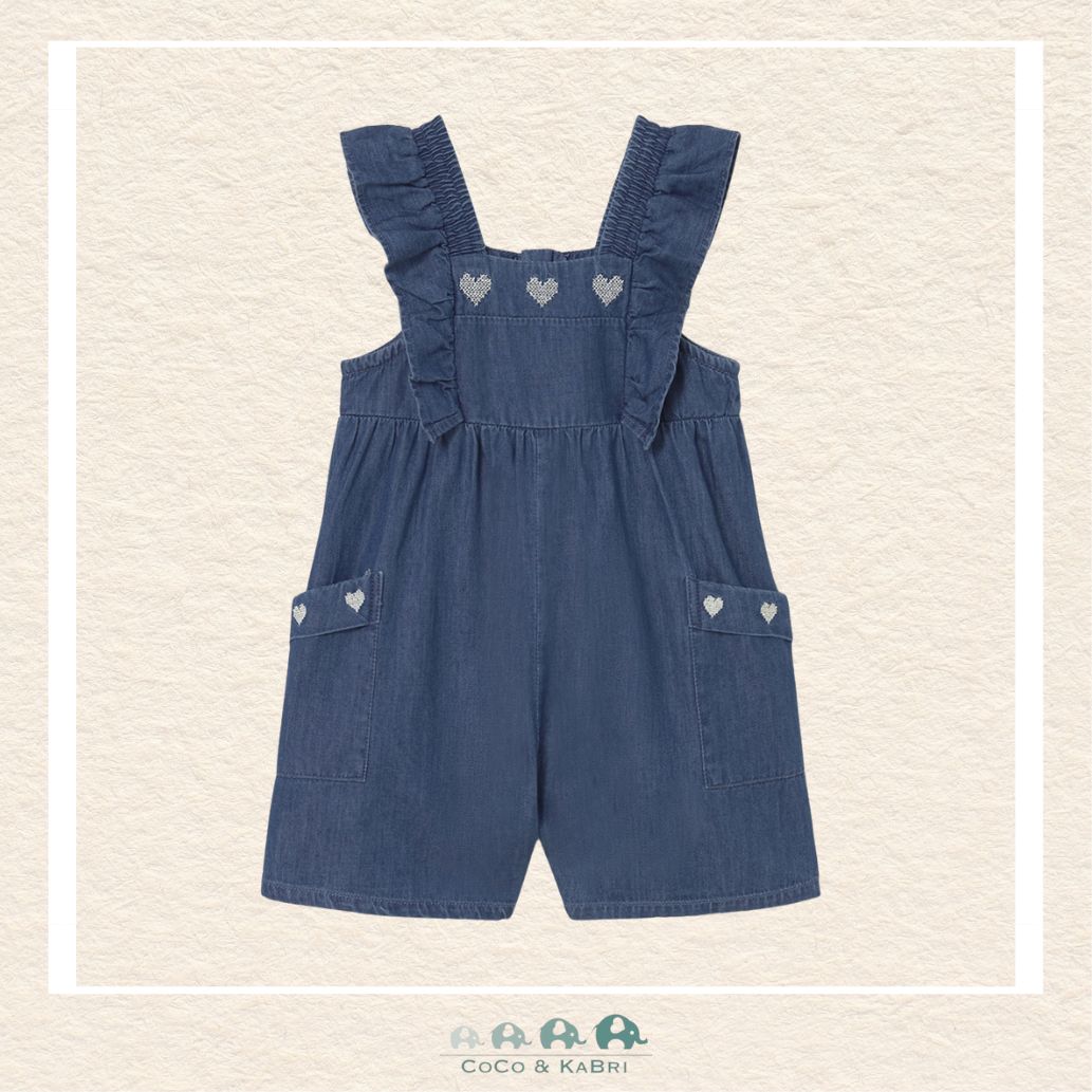 Front view of Mayoral baby denim blue romper featuring embroidered hearts and soft ruffed shoulder details | Canada