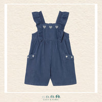 Front view of Mayoral baby denim blue romper featuring embroidered hearts and soft ruffed shoulder details | Canada
