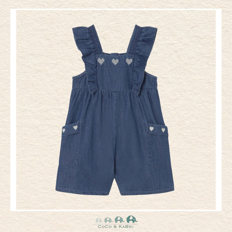 Front view of Mayoral baby denim blue romper featuring embroidered hearts and soft ruffed shoulder details | Canada