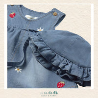 Close-up of Mayoral denim fabric showing the detailed strawberry and daisy patterns and soft cotton-rich texture | Canada