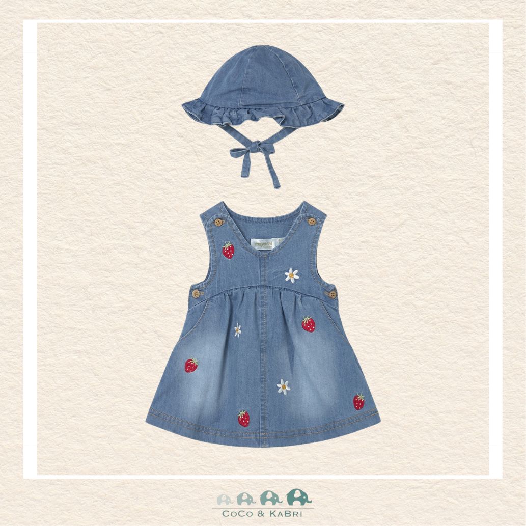 Front view of Mayoral baby girl denim dress featuring red strawberry and white daisy embroidery with matching hat | Canada