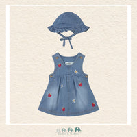 Front view of Mayoral baby girl denim dress featuring red strawberry and white daisy embroidery with matching hat | Canada