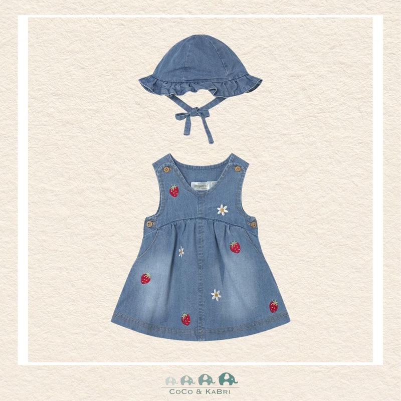 Front view of Mayoral baby girl denim dress featuring red strawberry and white daisy embroidery with matching hat | Canada