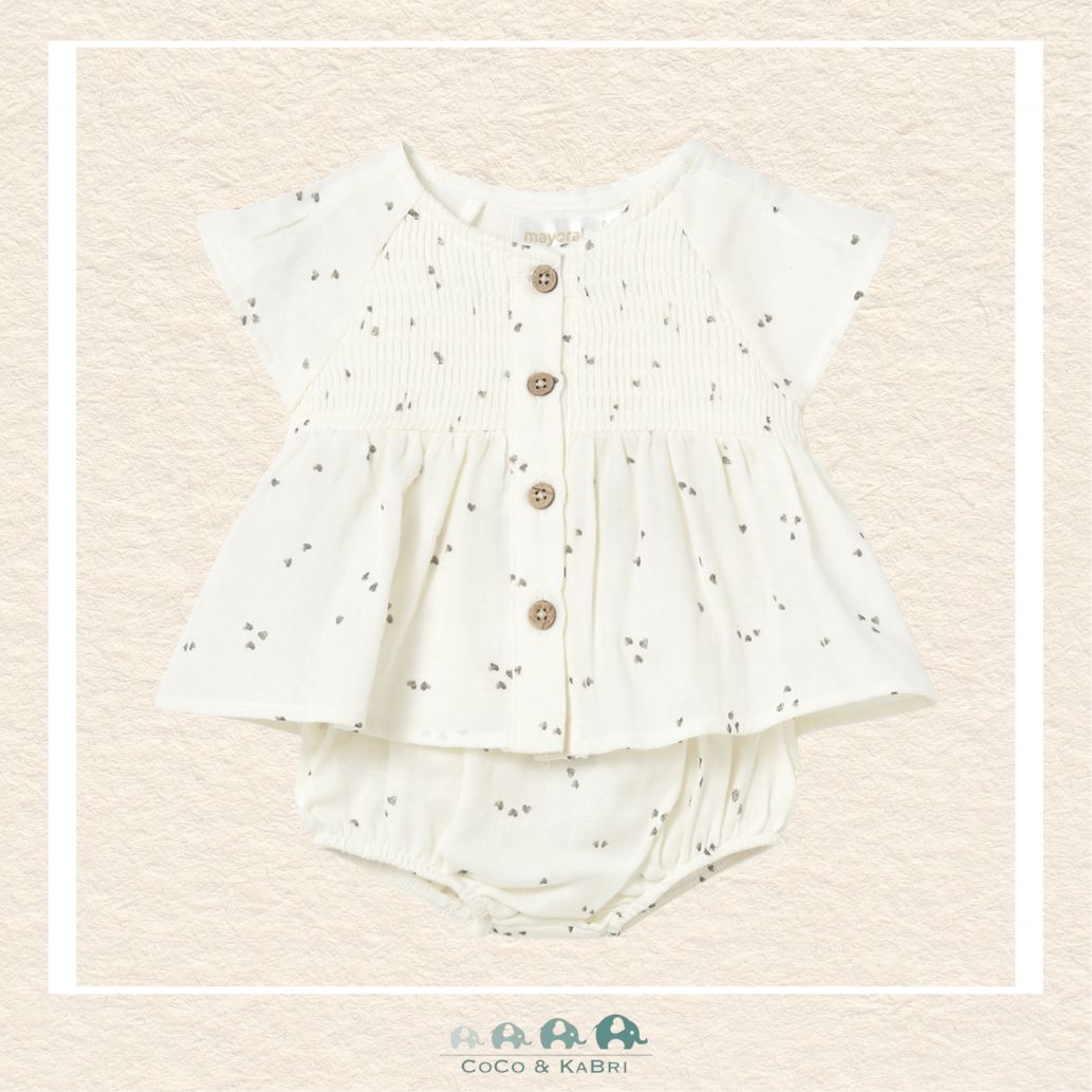 Front view of Mayoral baby girl cotton dress with coordinating bloomers for sizes 0-18M | Canada
