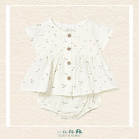 Front view of Mayoral baby girl cotton dress with coordinating bloomers for sizes 0-18M | Canada