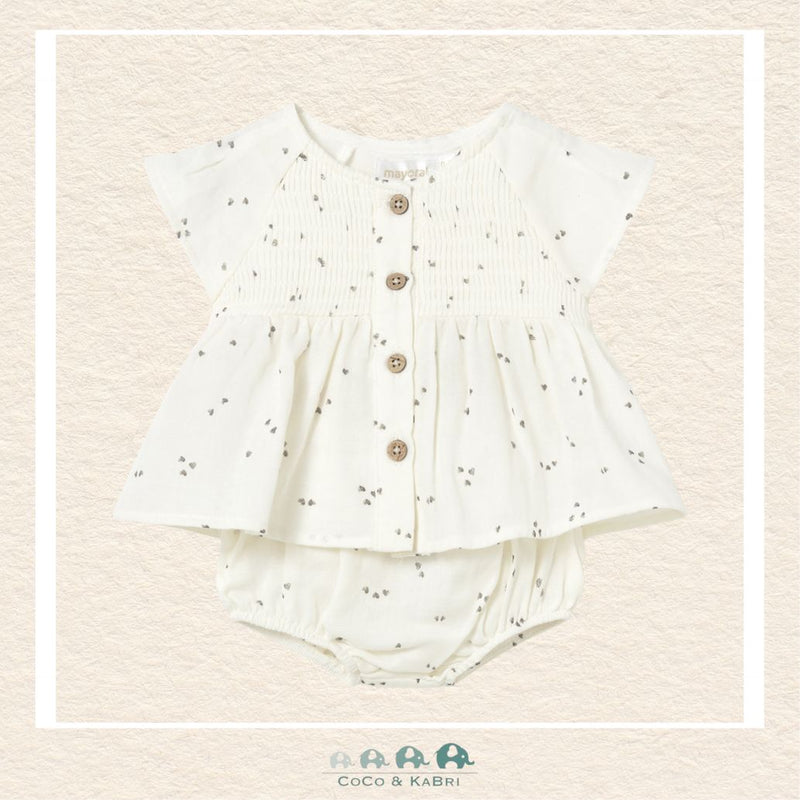 Front view of Mayoral baby girl cotton dress with coordinating bloomers for sizes 0-18M | Canada
