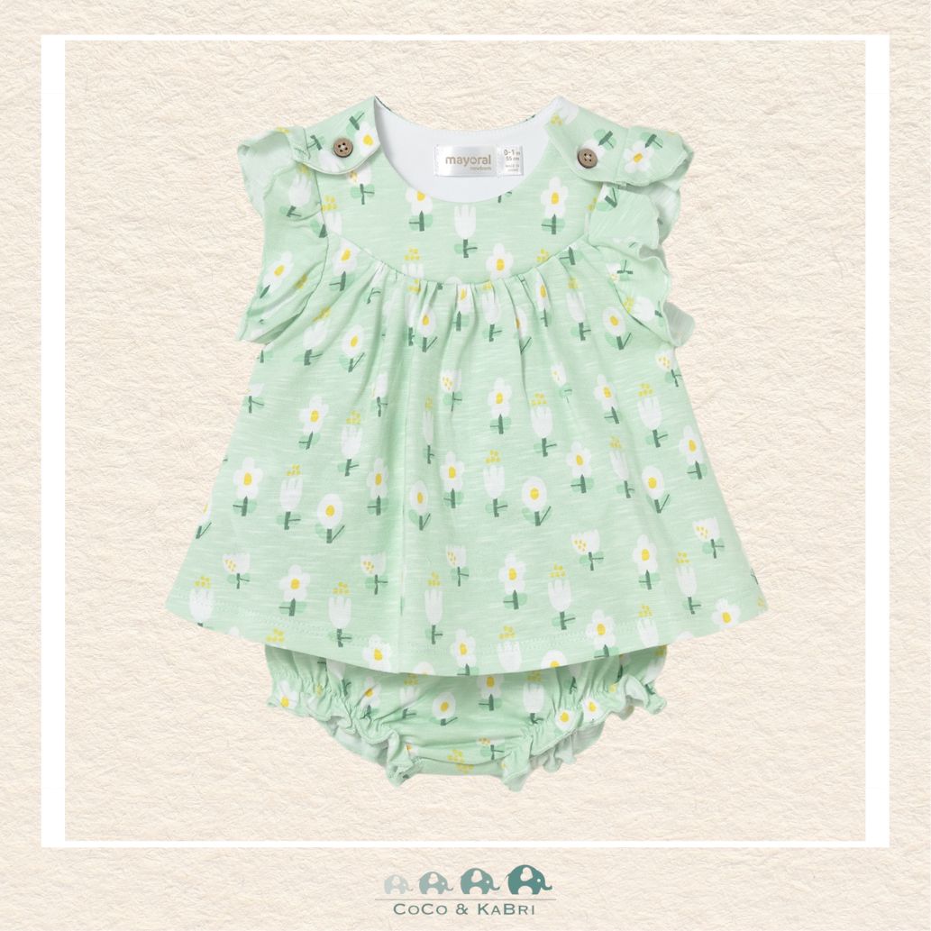 Front view of Mayoral baby girl cotton dress featuring a timeless design and matching diaper cover for sizes 2/4-18M | Canada