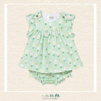 Front view of Mayoral baby girl cotton dress featuring a timeless design and matching diaper cover for sizes 2/4-18M | Canada