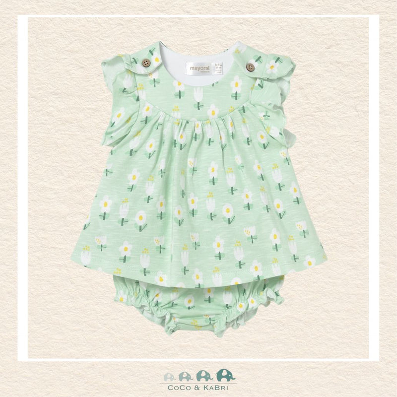 Front view of Mayoral baby girl cotton dress featuring a timeless design and matching diaper cover for sizes 2/4-18M | Canada