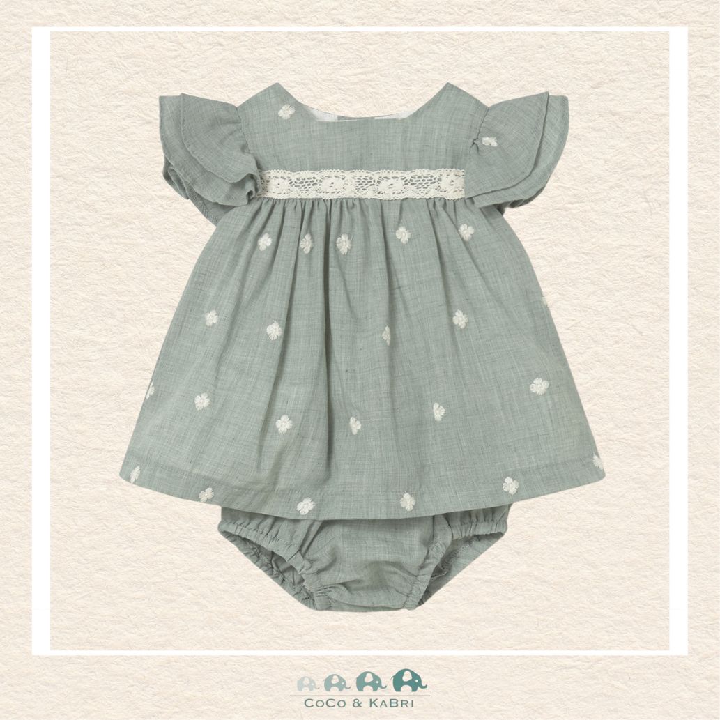 Front view of Mayoral baby girl embroidered dress and matching bloomers in a durable cotton blend for sizes 2/4-18M | Canada