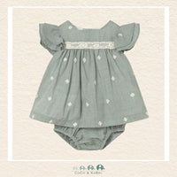 Front view of Mayoral baby girl embroidered dress and matching bloomers in a durable cotton blend for sizes 2/4-18M | Canada