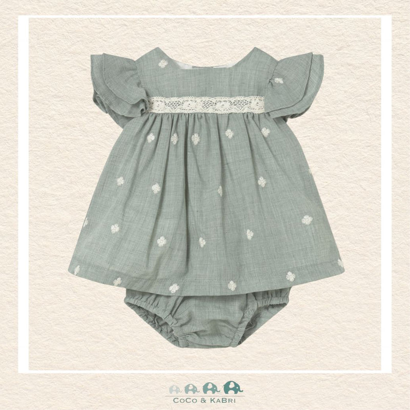 Front view of Mayoral baby girl embroidered dress and matching bloomers in a durable cotton blend for sizes 2/4-18M | Canada