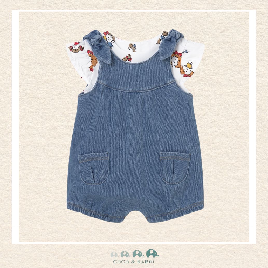 Front view of Mayoral baby girl 2-piece set featuring a ruffled overall and short-sleeve tee for sizes 2-18M | Canada