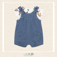Front view of Mayoral baby girl 2-piece set featuring a ruffled overall and short-sleeve tee for sizes 2-18M | Canada