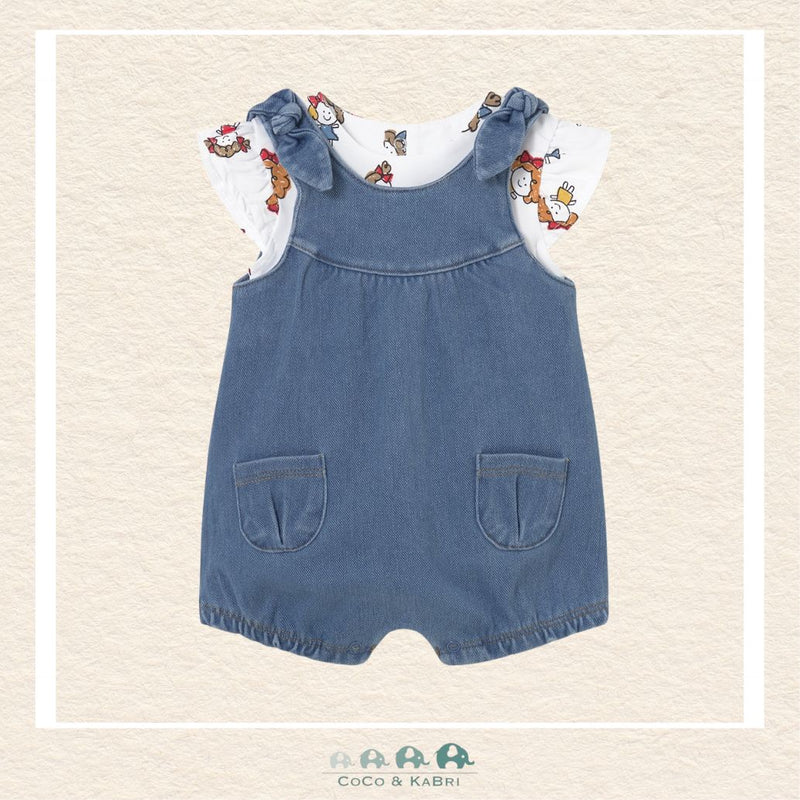 Front view of Mayoral baby girl 2-piece set featuring a ruffled overall and short-sleeve tee for sizes 2-18M | Canada