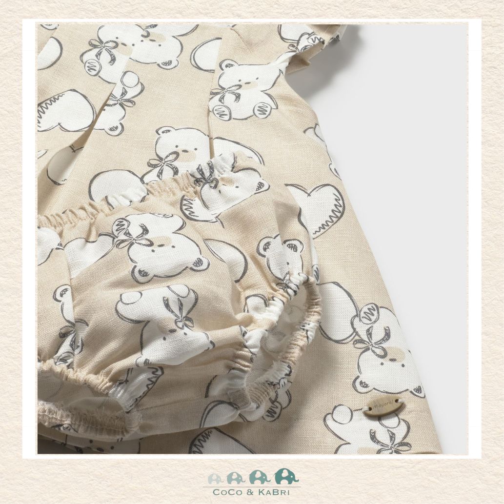 Close-up of Mayoral teddy bear dress fabric showing the premium linen-blend texture and detailed character appliqué | Canada