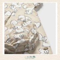 Close-up of Mayoral teddy bear dress fabric showing the premium linen-blend texture and detailed character appliqué | Canada