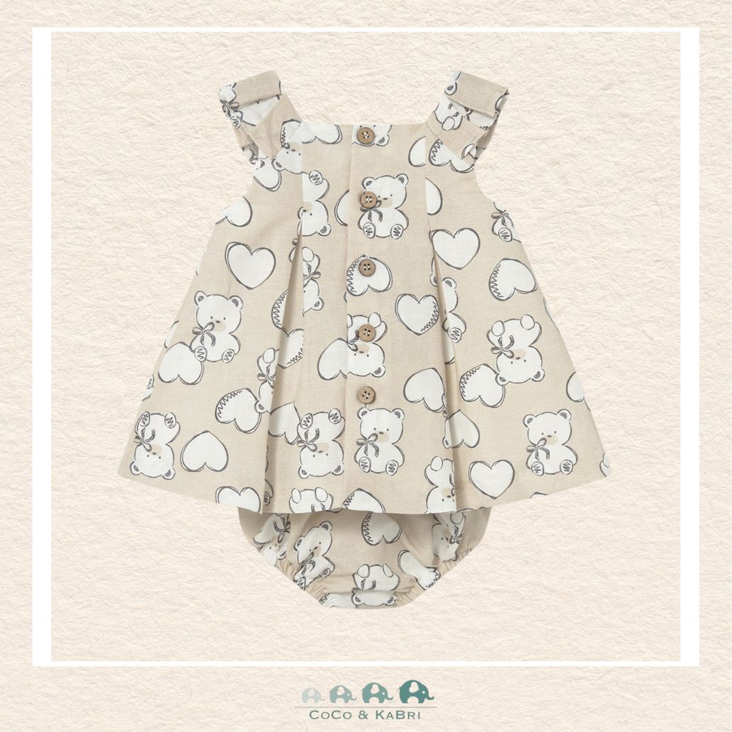 Back view of Mayoral baby girl teddy bear dress showing the high-quality construction and 100% cotton lining for sizes 2/4-18M | Canada