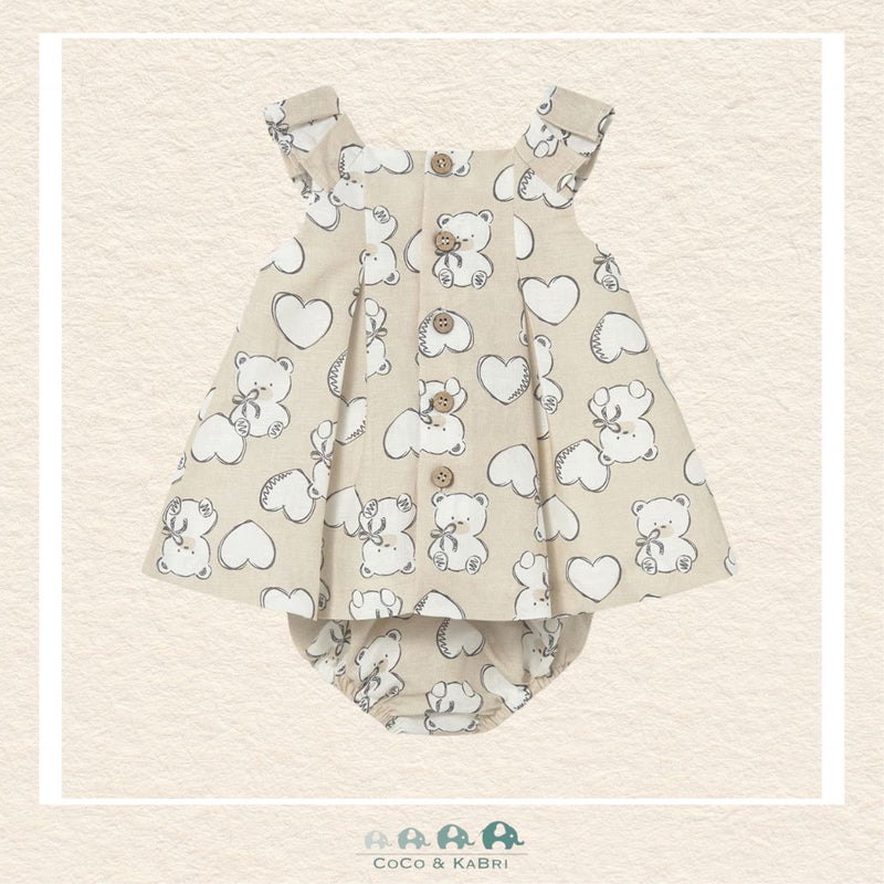 Back view of Mayoral baby girl teddy bear dress showing the high-quality construction and 100% cotton lining for sizes 2/4-18M | Canada