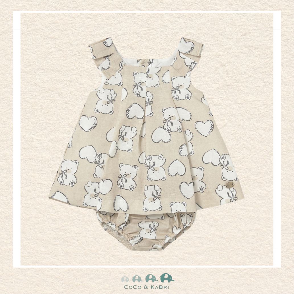 Front view of Mayoral baby girl beige dress featuring a charming teddy bear motif in a breathable linen-cotton blend | Canada