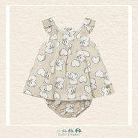 Front view of Mayoral baby girl beige dress featuring a charming teddy bear motif in a breathable linen-cotton blend | Canada